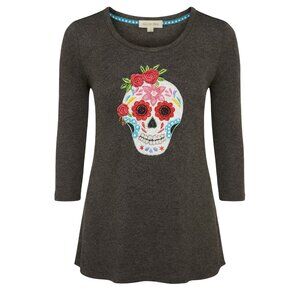 Clover + Pine Top Sugar Skull floral Med. cinch waist Gray peplum Artisan art